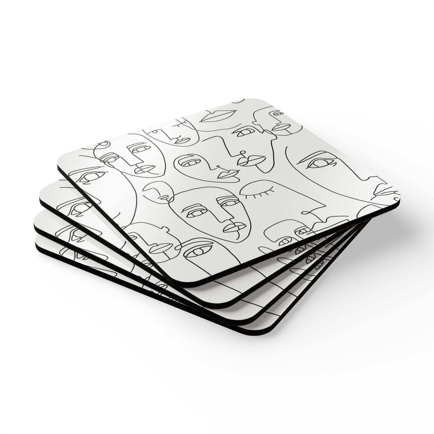 Abstract Line Art Faces Corkwood Coaster Set