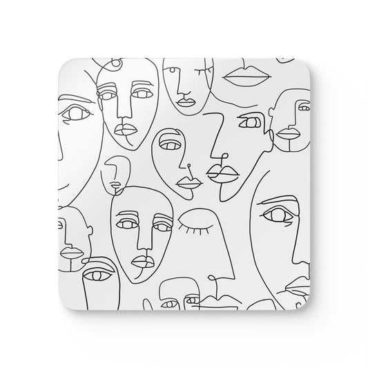 Abstract Line Art Faces Corkwood Coaster Set