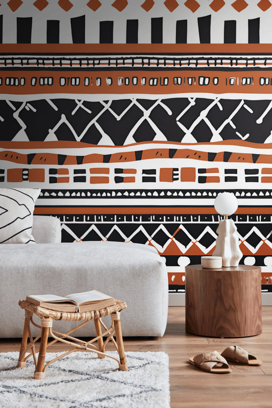 Monotone Abstract African Peel & Stick Fabric Wallpaper Mural