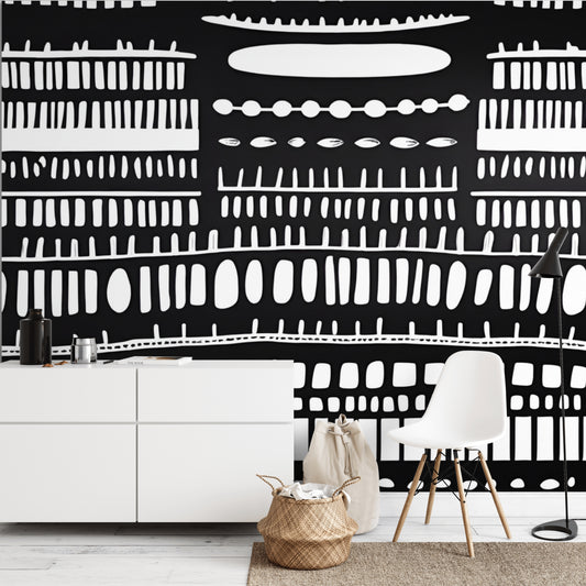 Black & White Ethnic Boho Peel & Stick Fabric Wallpaper Mural
