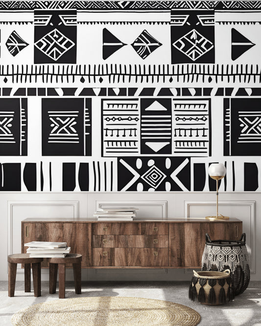 Black & White African Mudcloth Peel & Stick Fabric Wallpaper Mural